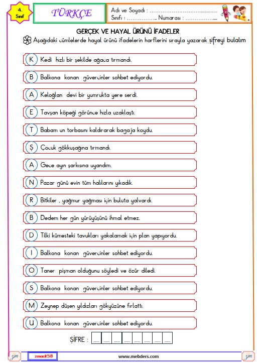 4. Sınıf Türkçe Gerçek ve Hayal Ürünü İfadeler Etkinliği 1